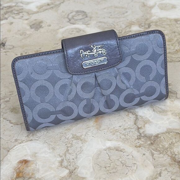 Coach Madison Op Art Sateen Grey & Pink Leather Wallet Signature Monogram - Picture 1 of 12